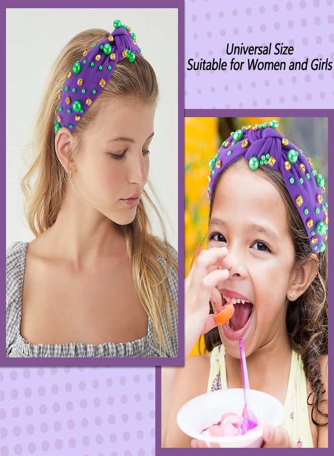 AHONEY Mardi Gras Headband for Women Girls Purple Green Gold Pearl Rhinestone Jeweled Knotted Cloth Hairband Carnival Wide Knot Head Band Mardi Gras Outfit for Women's Hair Accessories - Image 3